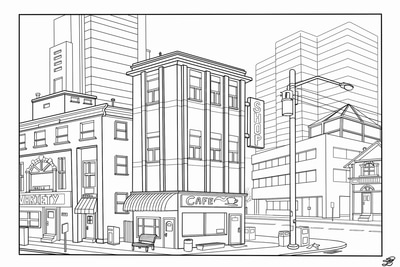 Perspective city scene. Pencils in on paper. Inking done in photoshop. 