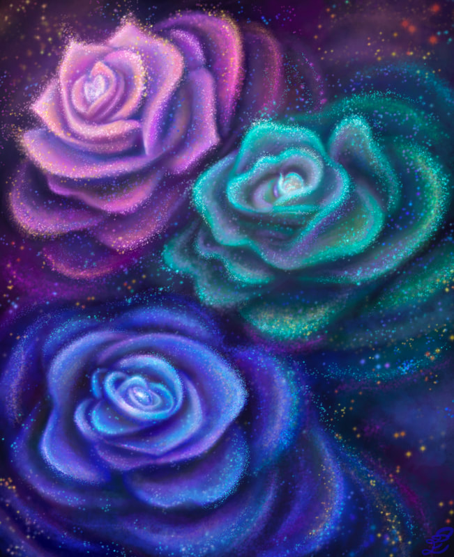 Galactic roses
It's a concept I've seen in my mind and been working on for some time on and off. The idea came from the movie Beauty and the Beast, where the rose represented the characters' lifespan. But instead of the whilting rose, I imagined a new galaxy being born from one rose to the next. The energy is just spilling over into the next rose. Life just continued on and expanding into another form in the next rose. 
The digital painting is done in procreate on ipad.