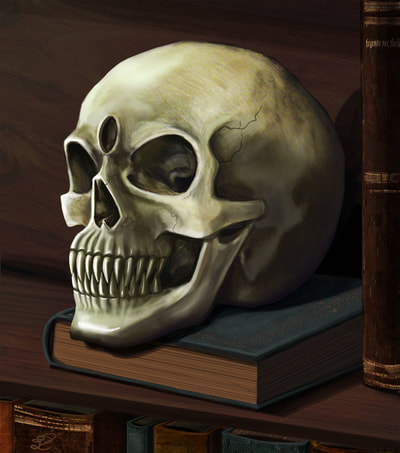 Original skull study done in conte on paper. Updated for concept art for fantasy novel "The league of elder" Photoshop painting. 